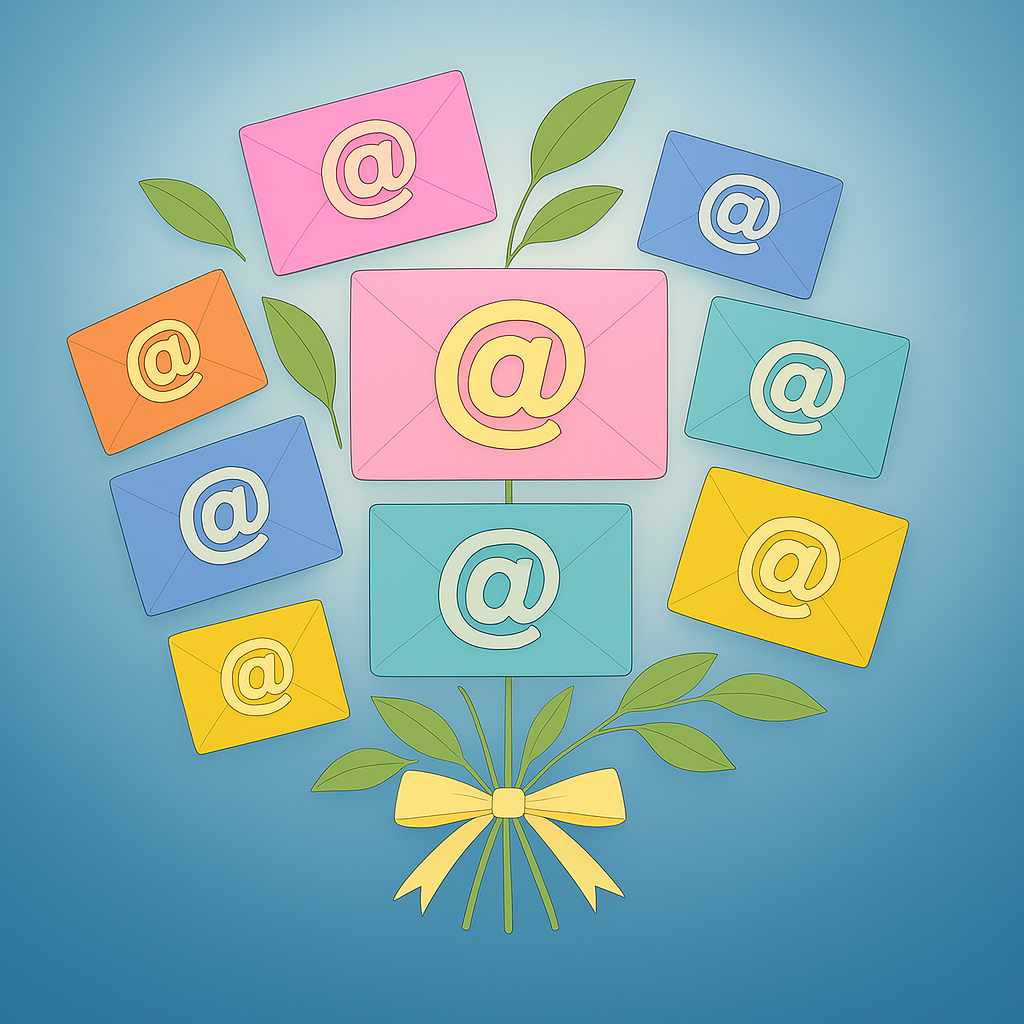 ensemble de 9 enveloppes comportant le sigle @, de diverses couleurs pastel, regroupées en forme de bouquet avec quelques feuilles et tiges retenues par un ruban jaune pâle noué.